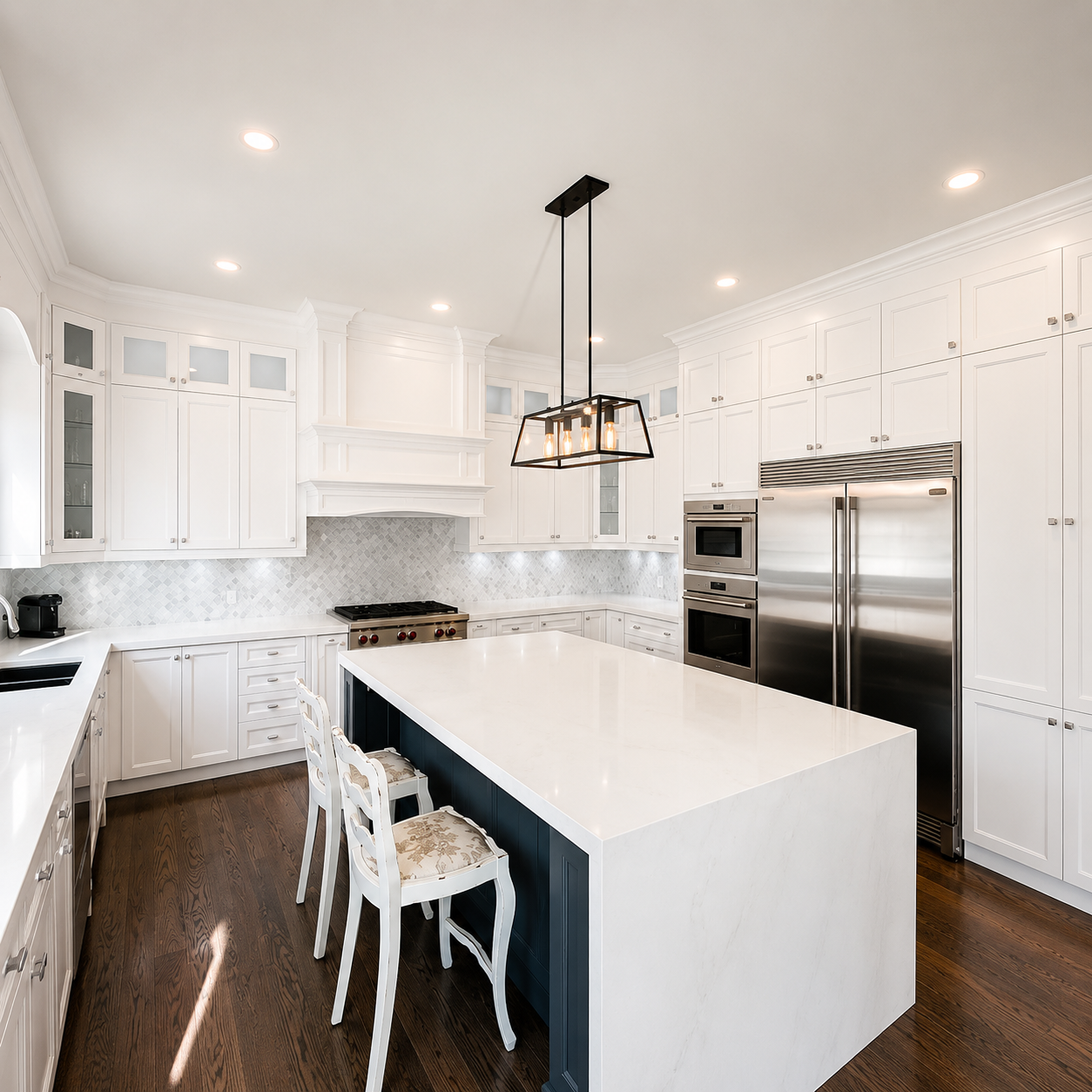 Spacious white kitchen with a navy island and marble countertops