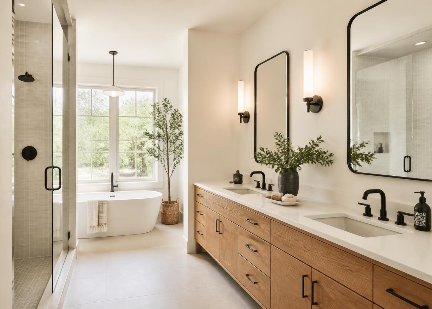 Modern bathroom renovation with oak vanity and matte black fixtures