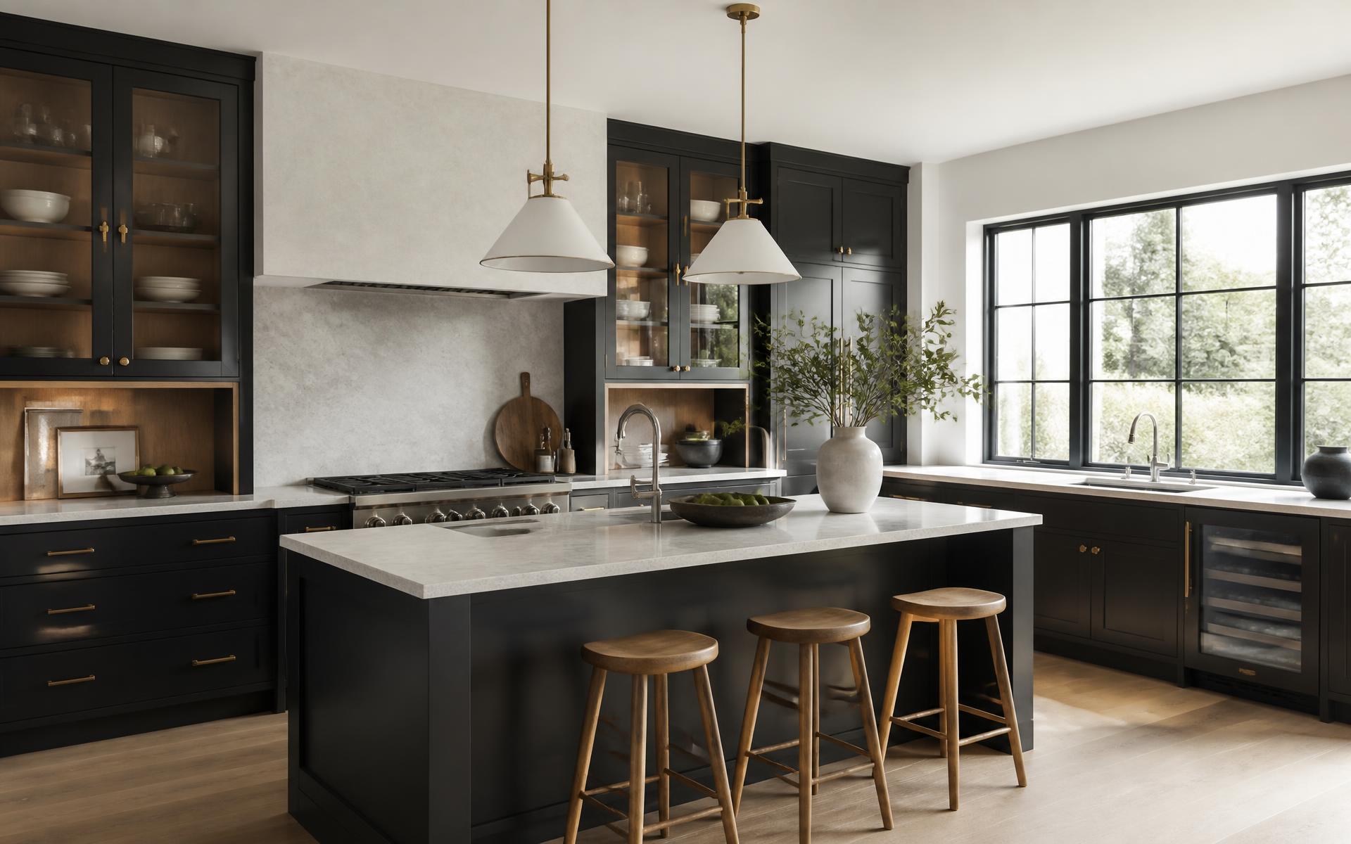 Renovated Ontario kitchen with charcoal cabinetry, warm oak accents and custom trim